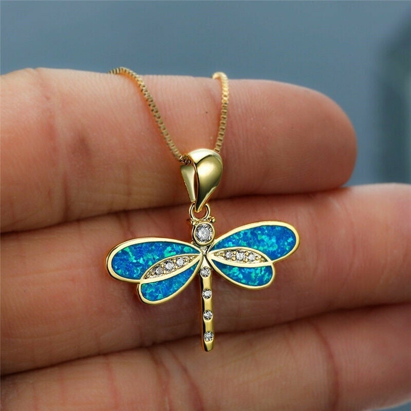 Gold Dragonfly Necklace With Opal Accent