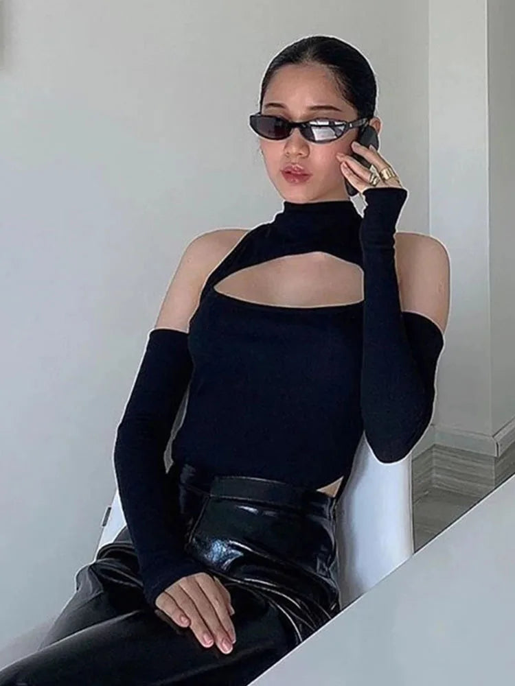 High ’s Long-sleeved Bodysuit Color Hollow Off-shoulder Half High Collar Jumpsuit
