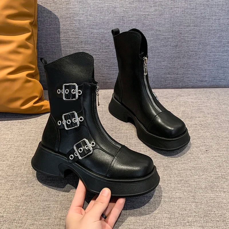 Autumn Metal Belt Buckle Design Punk Waterproof Anti Slip Ankle Boot