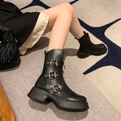 Autumn Metal Belt Buckle Design Punk Waterproof Anti Slip Ankle Boot