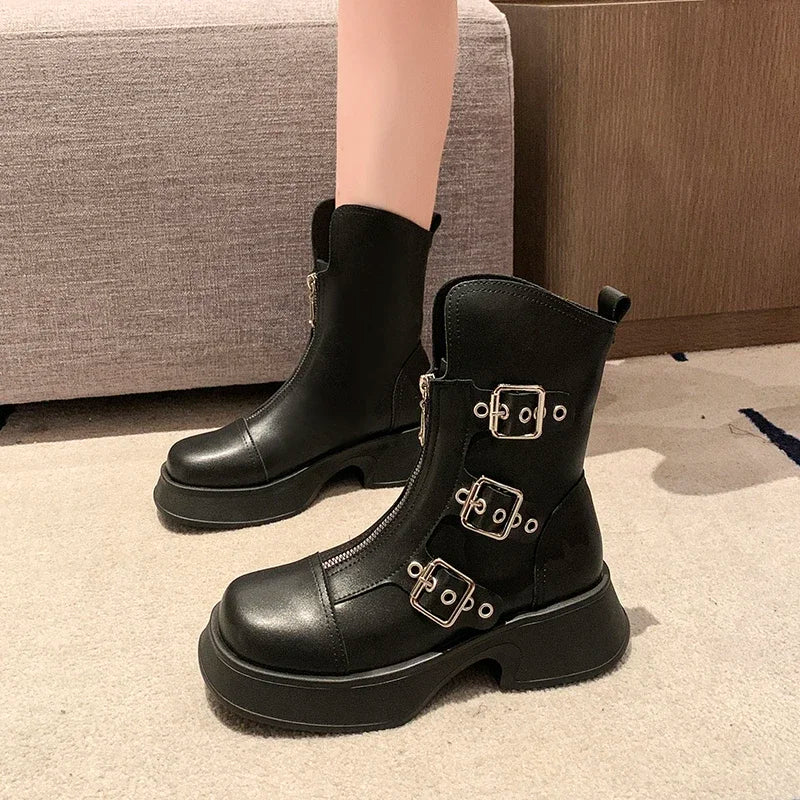 Autumn Metal Belt Buckle Design Punk Waterproof Anti Slip Ankle Boot