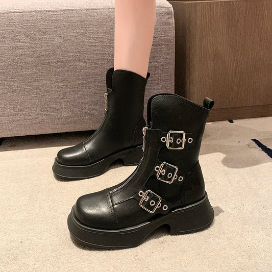 Autumn Metal Belt Buckle Design Punk Waterproof Anti Slip Ankle Boot