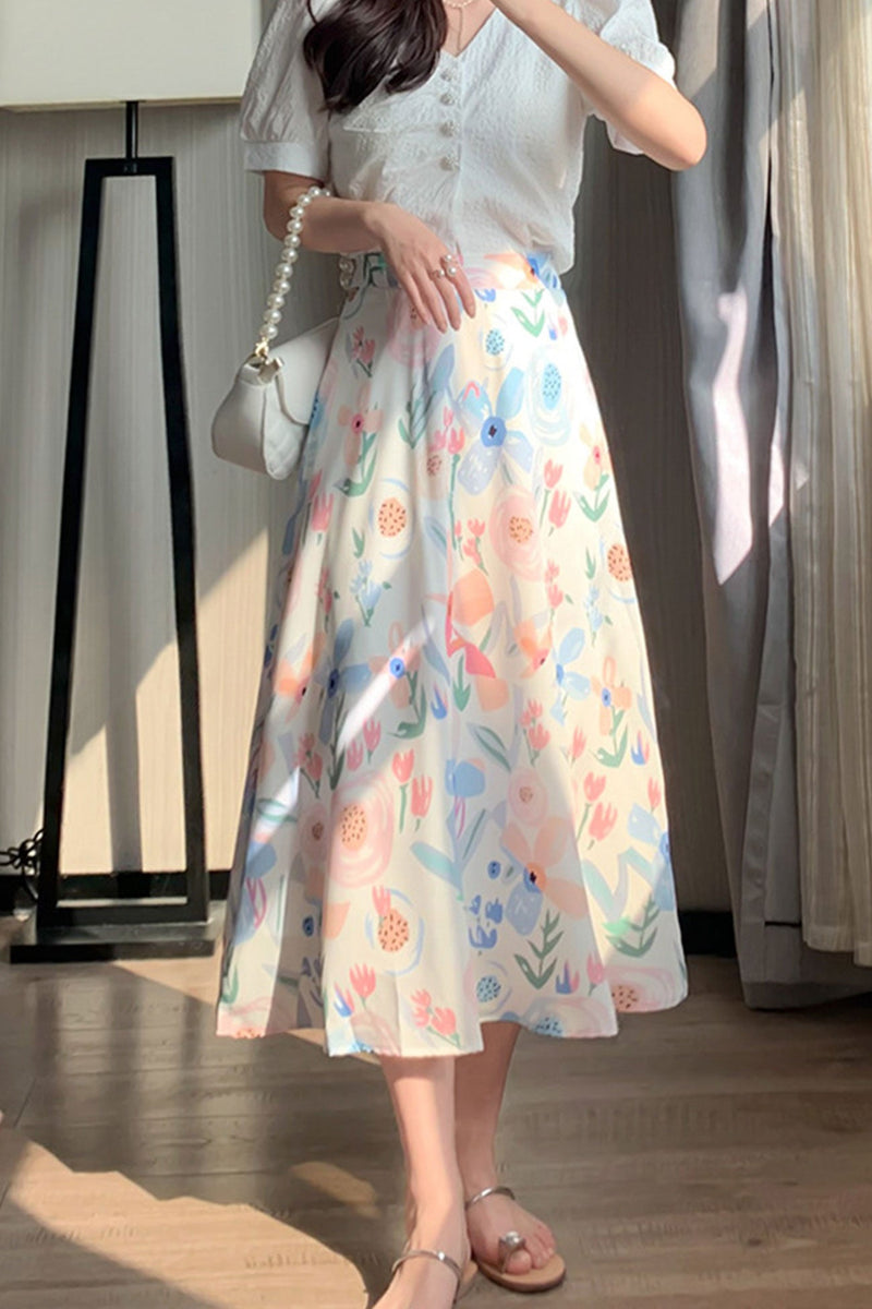 High Waist Fresh Print Midi Skirt