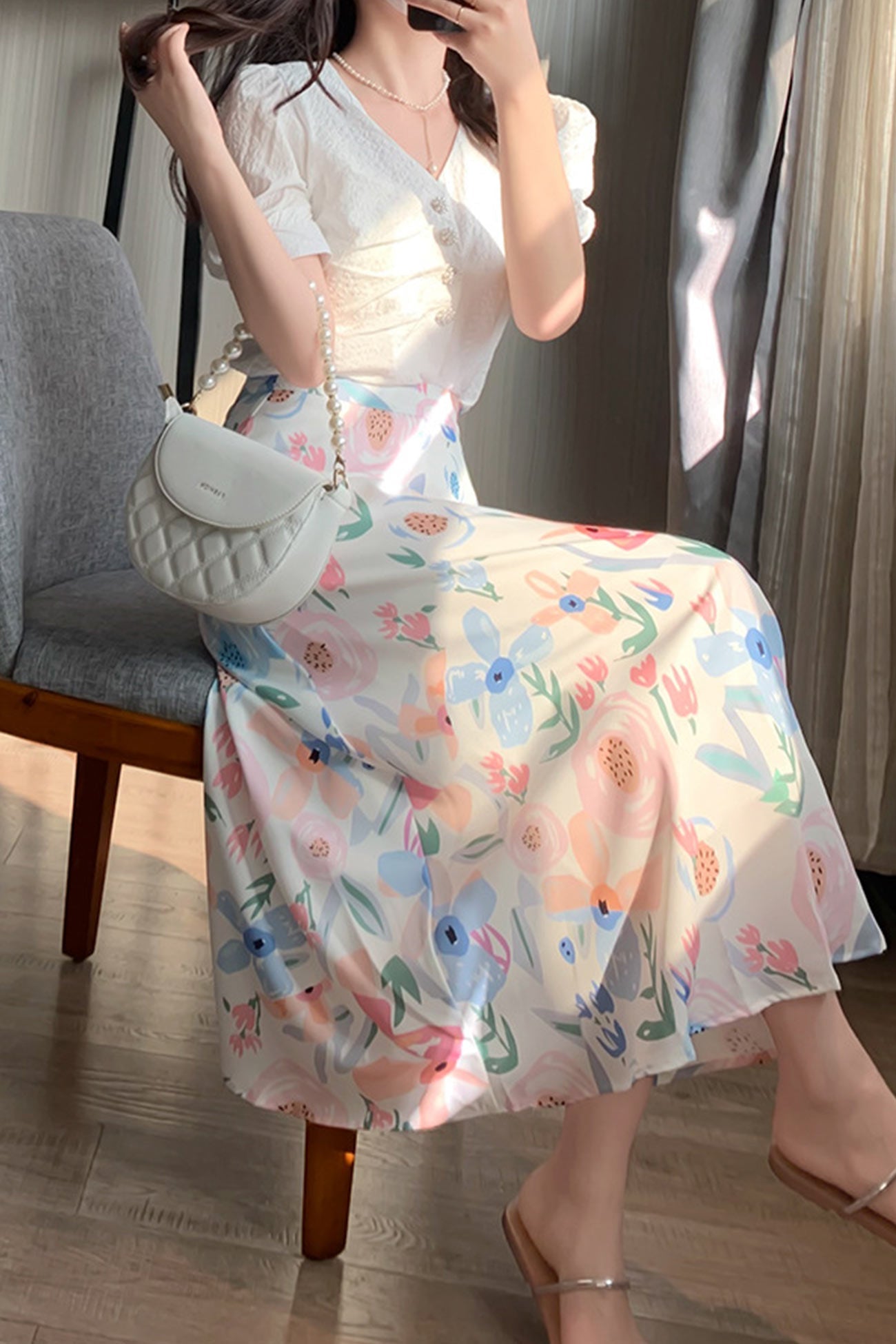 High Waist Fresh Print Midi Skirt