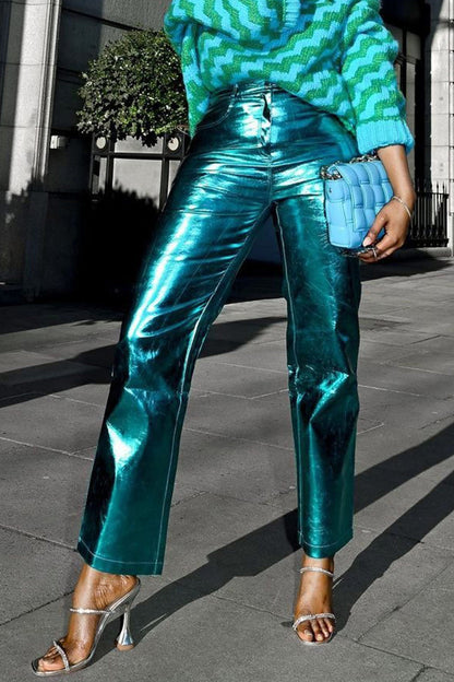 High Waist Glossy Pu Leather Long Pants
