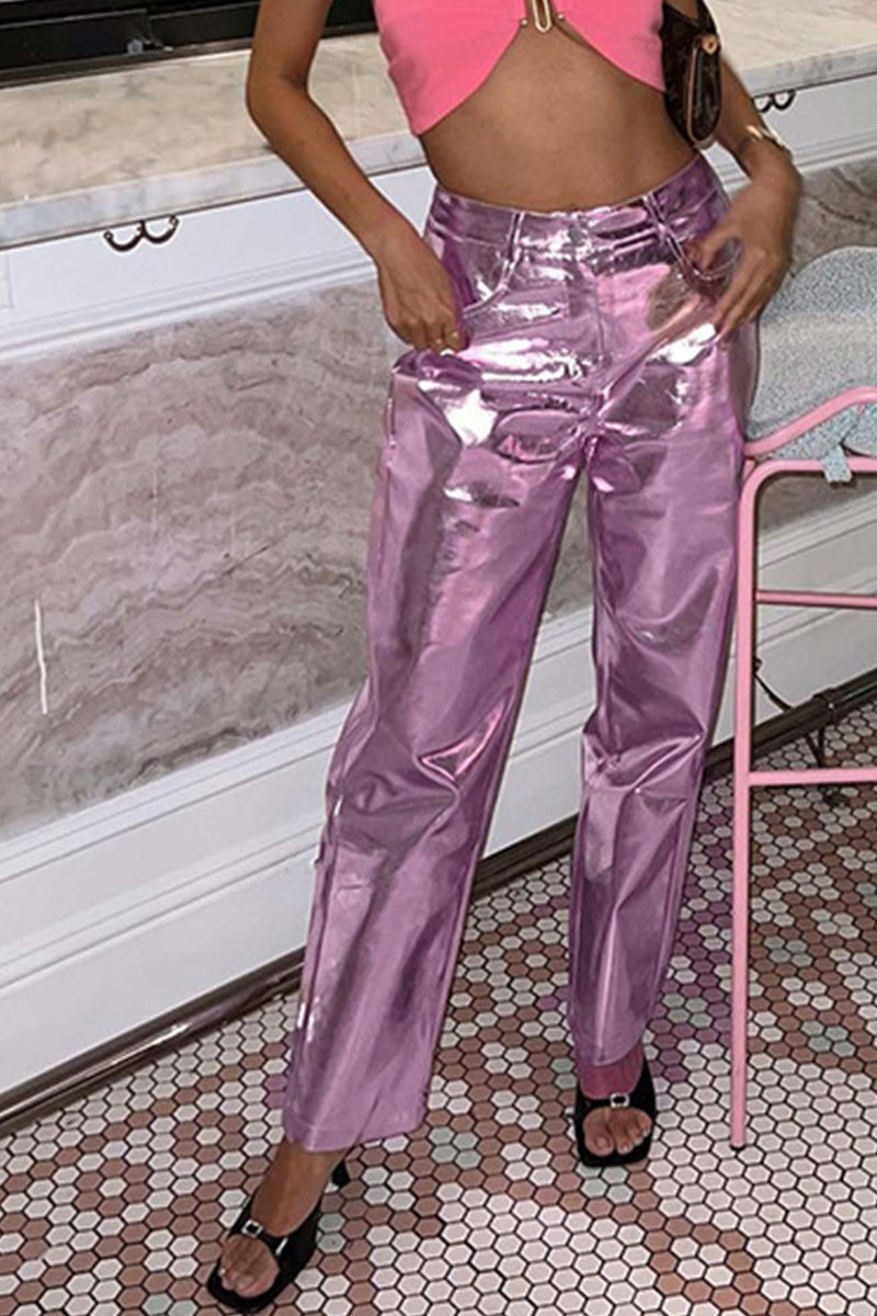 High Waist Glossy Pu Leather Long Pants