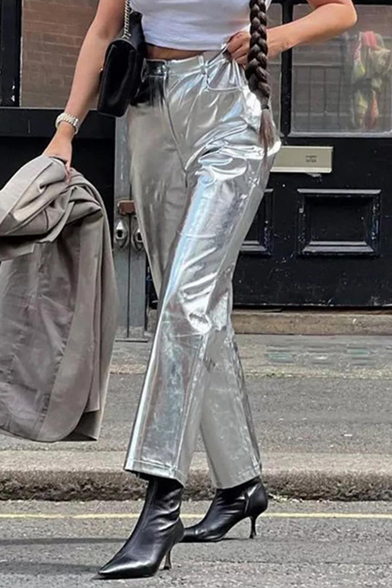 High Waist Reflective Pu Leather Pants