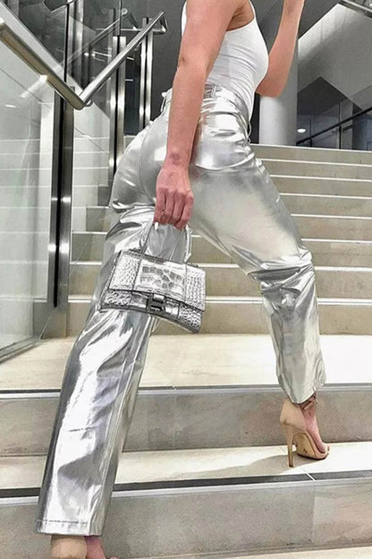 High Waist Reflective Pu Leather Pants