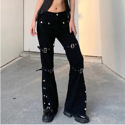 Hippie Cool Straight Punk Metal Buckle Side Split Black Belted Pants