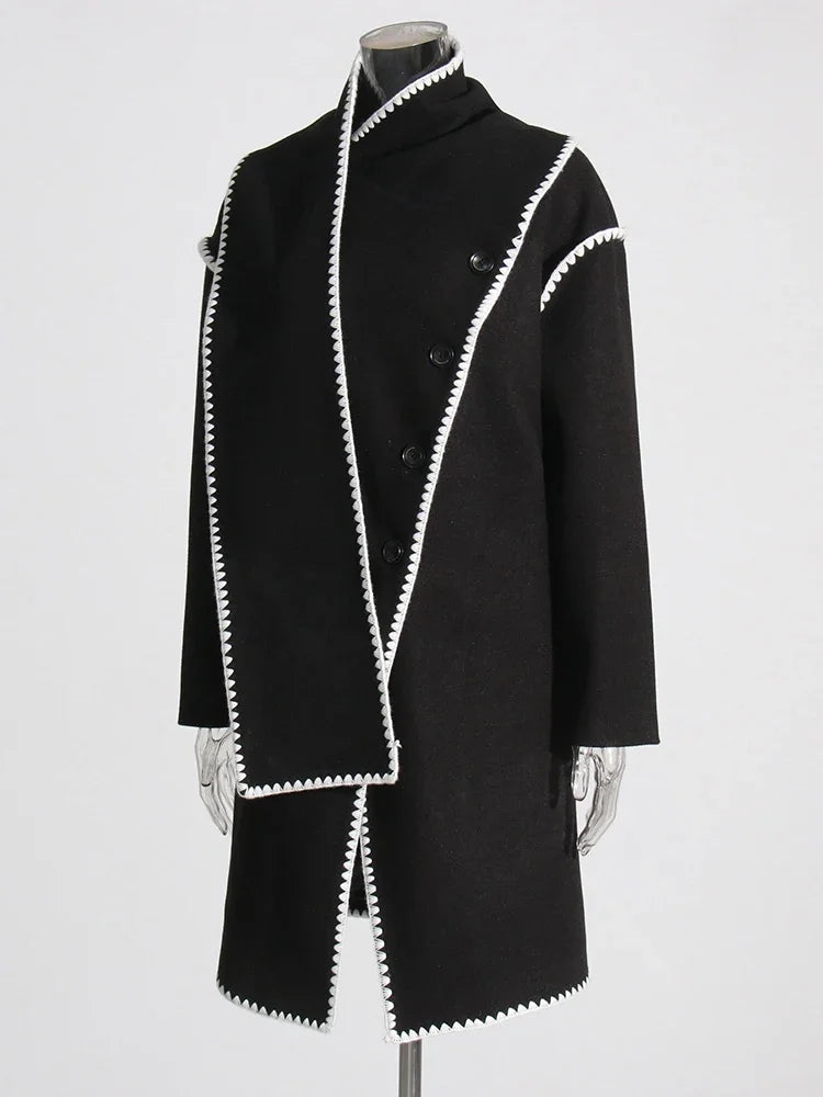 Hit Irregular Black Stand Long Spliced Single Trench Coat