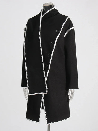 Hit Irregular Black Stand Long Spliced Single Trench Coat
