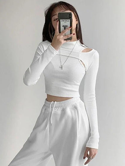 Hollow Knitted Crop Tops New Fitness Fake Two-piece T-shirt Female Black White Long Sleeve Tops