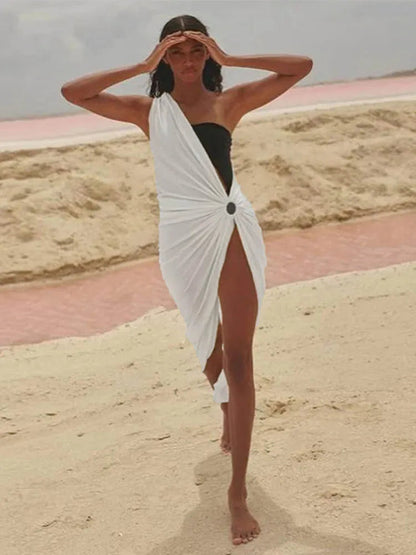 Hollow Out White One Shoulder Sleeveless Y2k Nightclub Midi Dresses