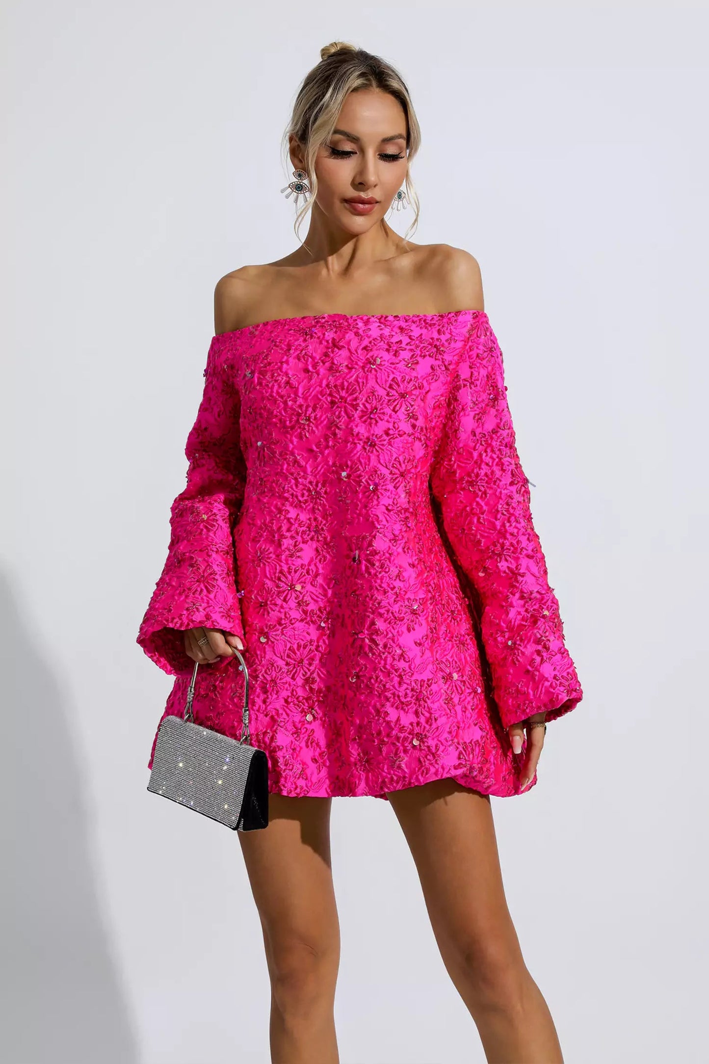 Holly Pink Off Shoulder Jacquard Mini Dress