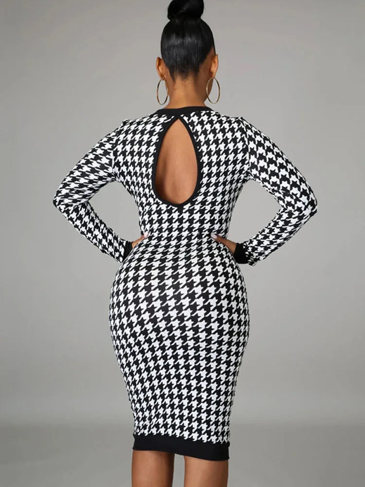 Houndstooth Long Sleeve Hollow Out Bodycon Autumn Winter Club Slim Midi Dresses