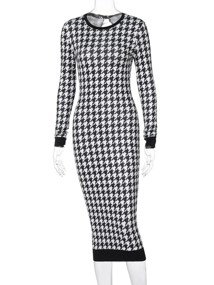 Houndstooth Long Sleeve Hollow Out Bodycon Autumn Winter Club Slim Midi Dresses