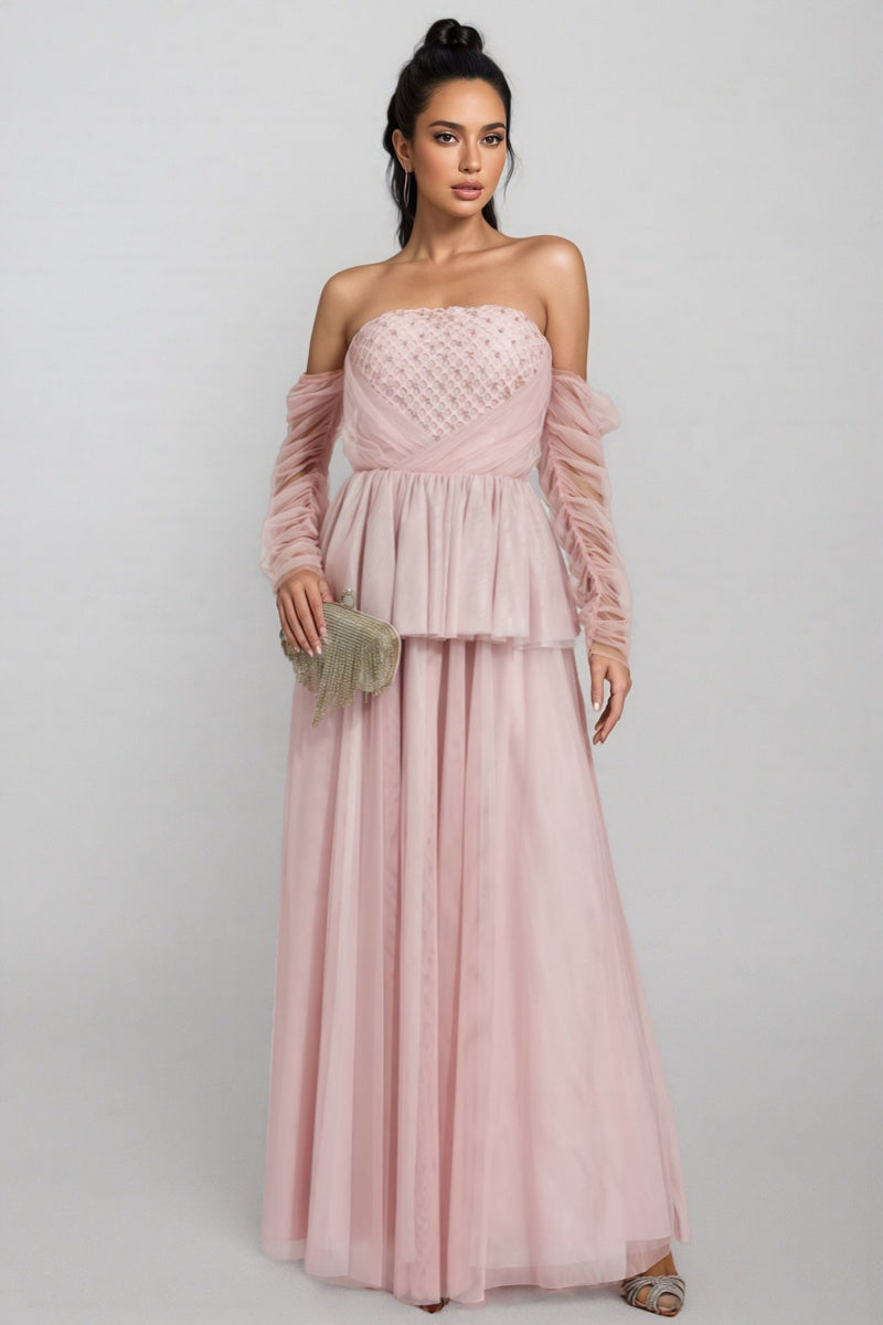 Xedand Pink Mesh Off Shoulder Maxi Dress
