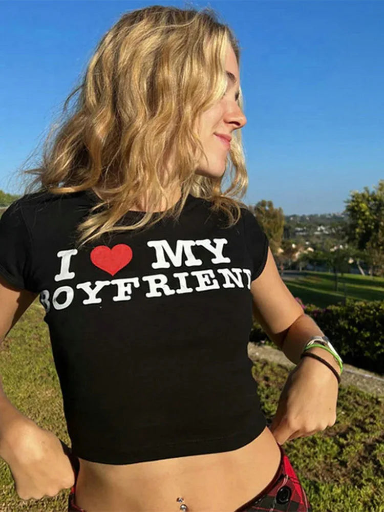 I Love My Boyfriend Summer Cotton Crop Tee Short Short Sleeve T-shirt