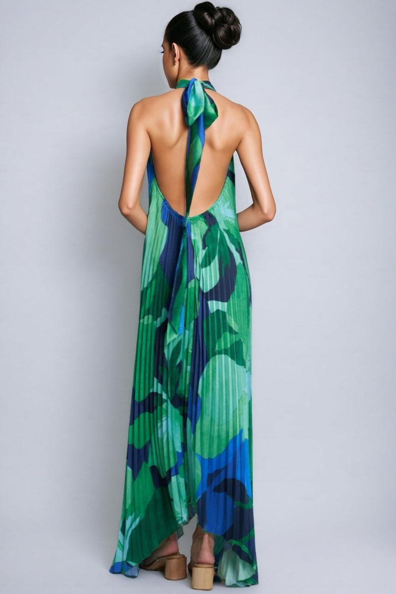 Cami Irregularly Pleated Printed Maxi Dress-green