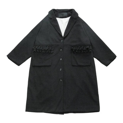 Original Black Lapel Lace Patchwork Long Woolen Coat