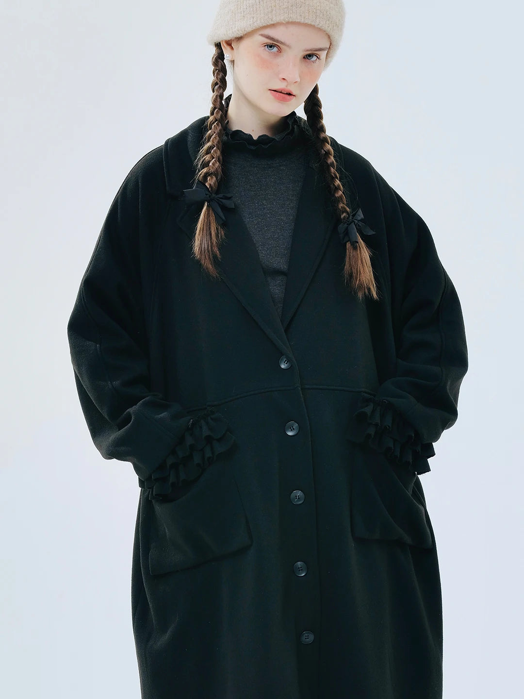 Original Black Lapel Lace Patchwork Long Woolen Coat
