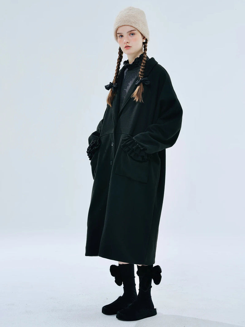 Original Black Lapel Lace Patchwork Long Woolen Coat