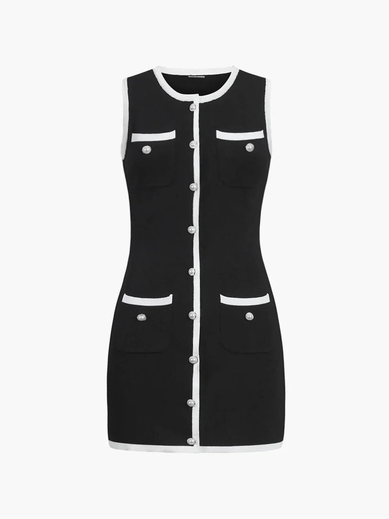 Multi Pocket Button Sleeveless Short Sweater Dress