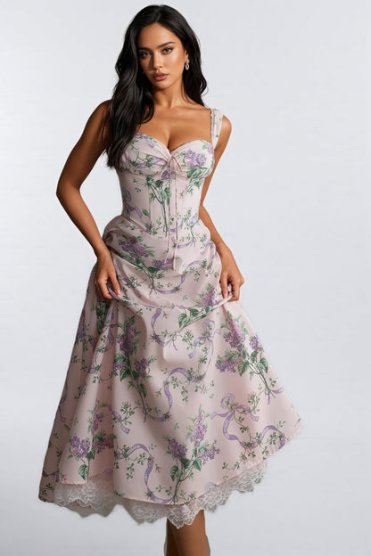 Kerry Print Lace Trim Midi Dress