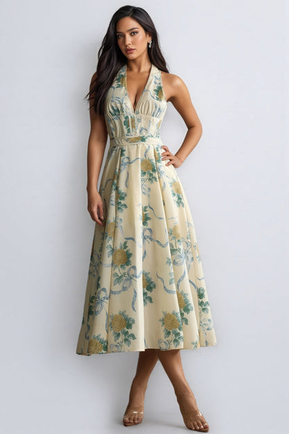 Mabel Print Deep V Neck Midi Dress
