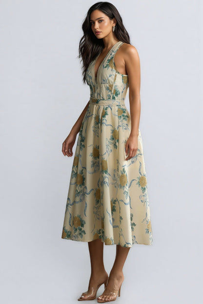 Mabel Print Deep V Neck Midi Dress