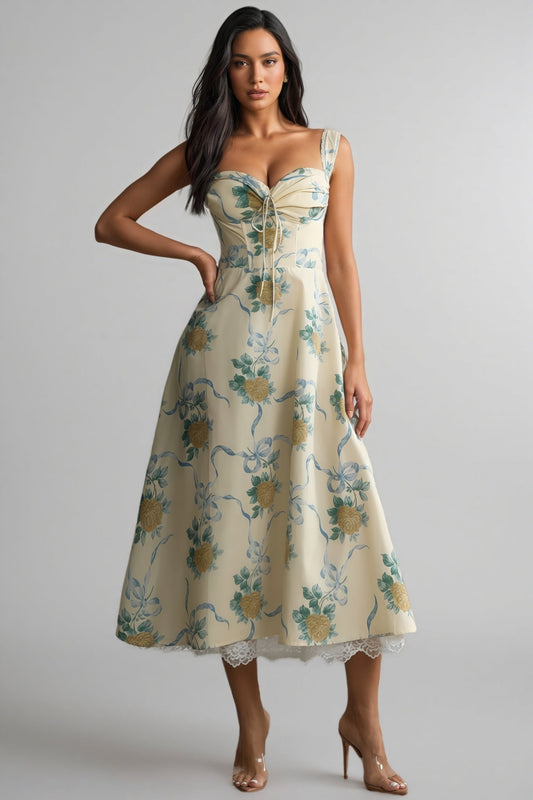 Caelu Print Sweetheart Midi Dress