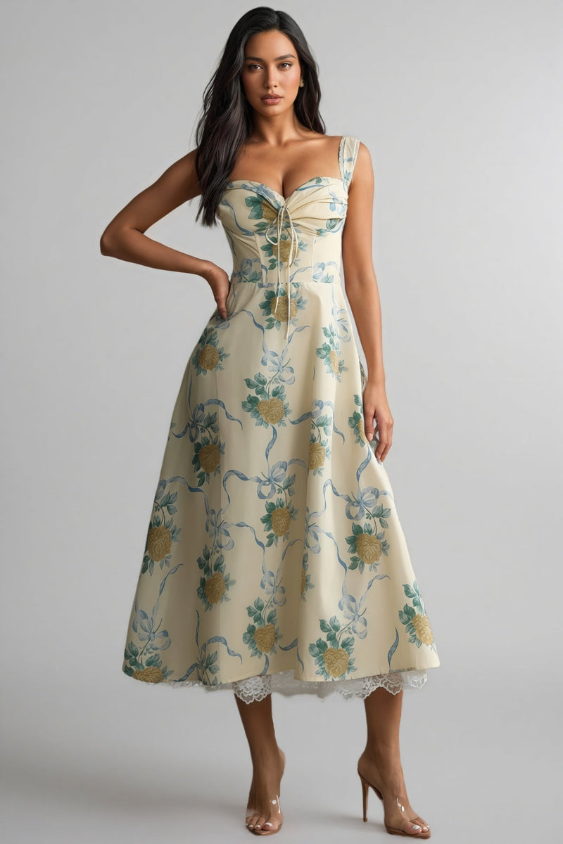 Caelu Print Sweetheart Midi Dress