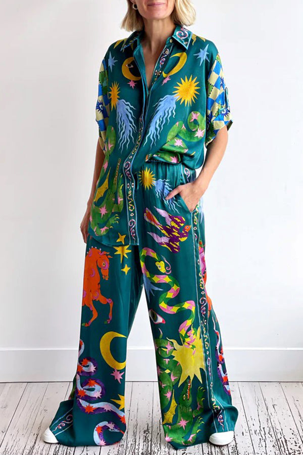 Beachy Linen Blend Unique Print Button Down Oversized Blouse