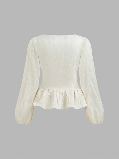 Square Neck Button Ruffle Hem Long Sleeve Blouse