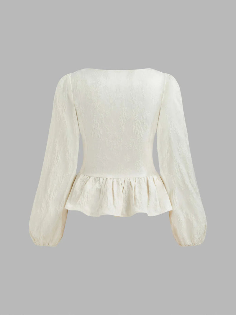 Square Neck Button Ruffle Hem Long Sleeve Blouse