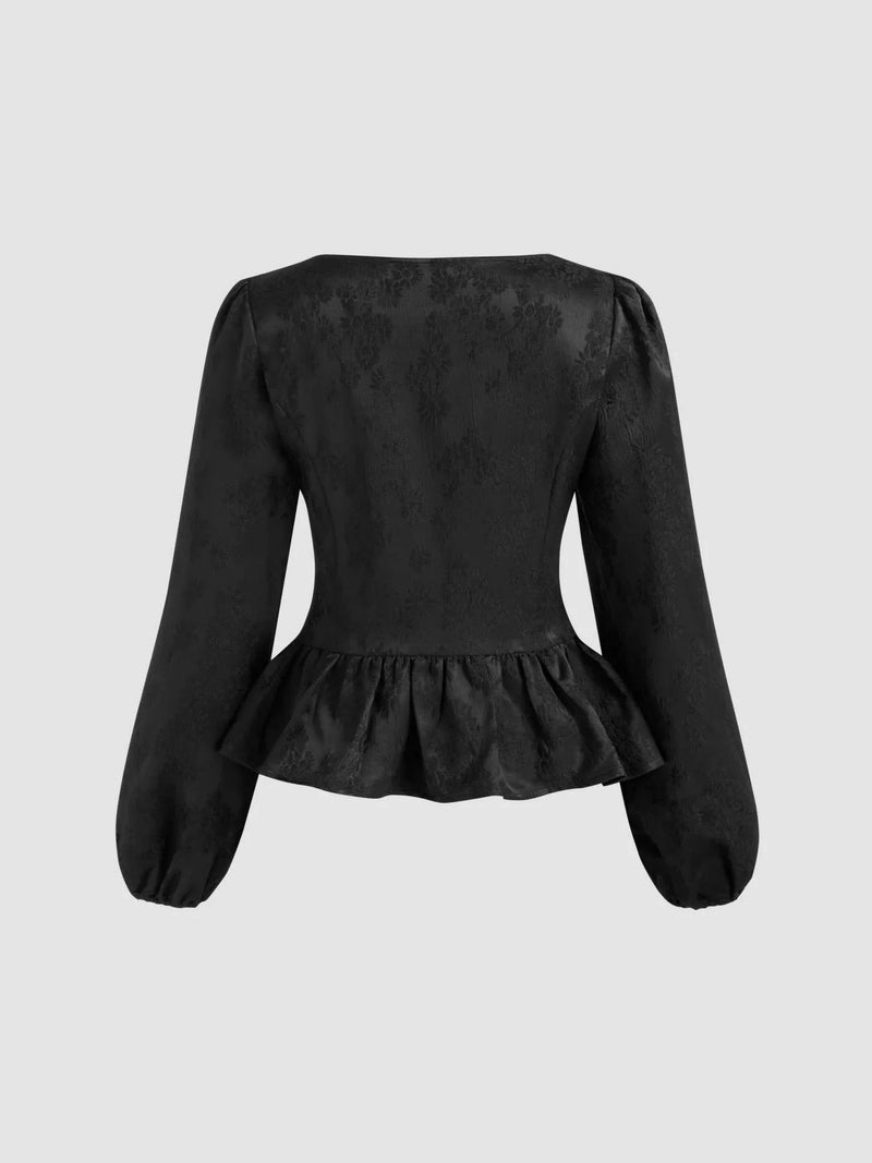 Square Neck Button Ruffle Hem Long Sleeve Blouse