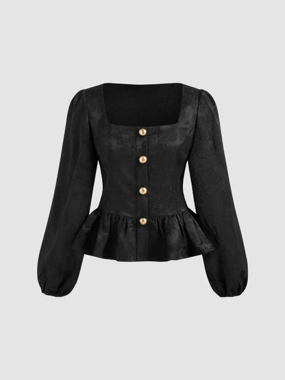 Square Neck Button Ruffle Hem Long Sleeve Blouse