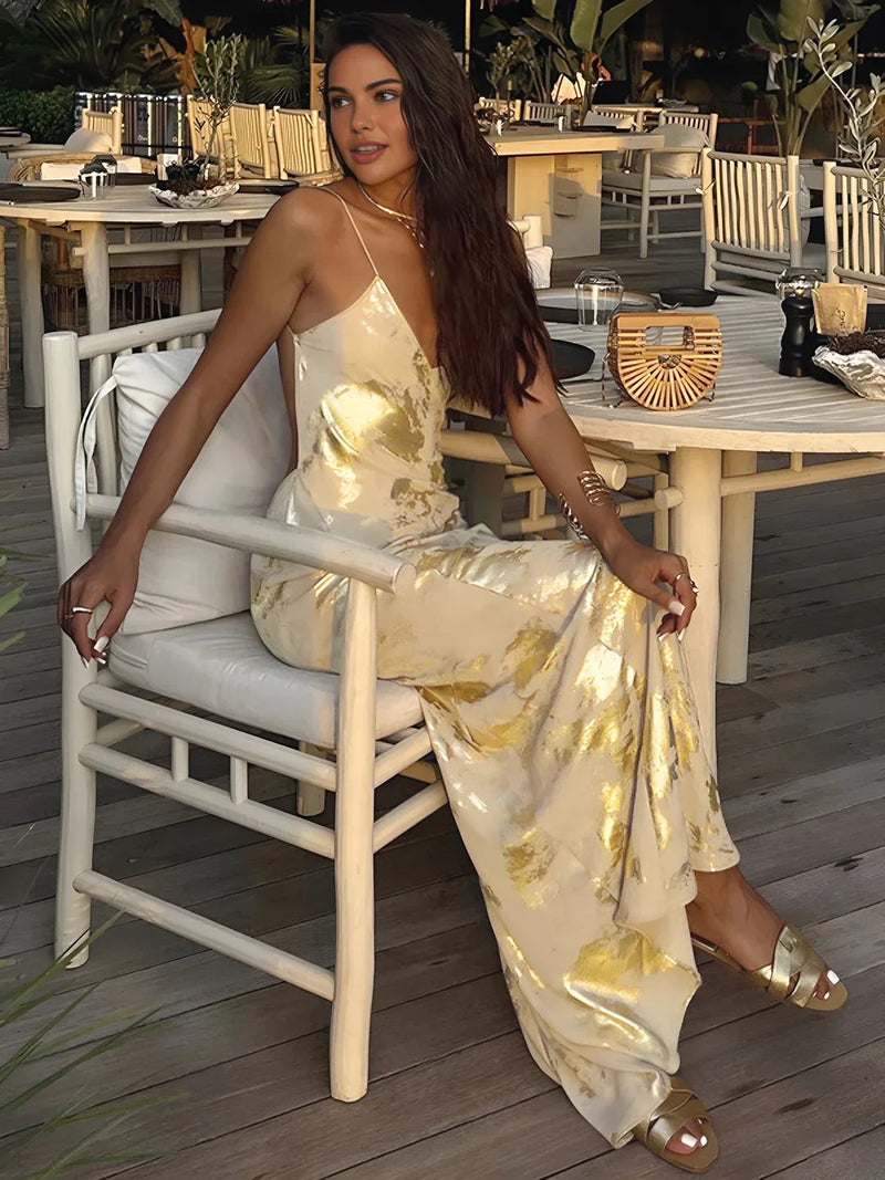 Metallic Print V-neck Backless Slip Long Dress