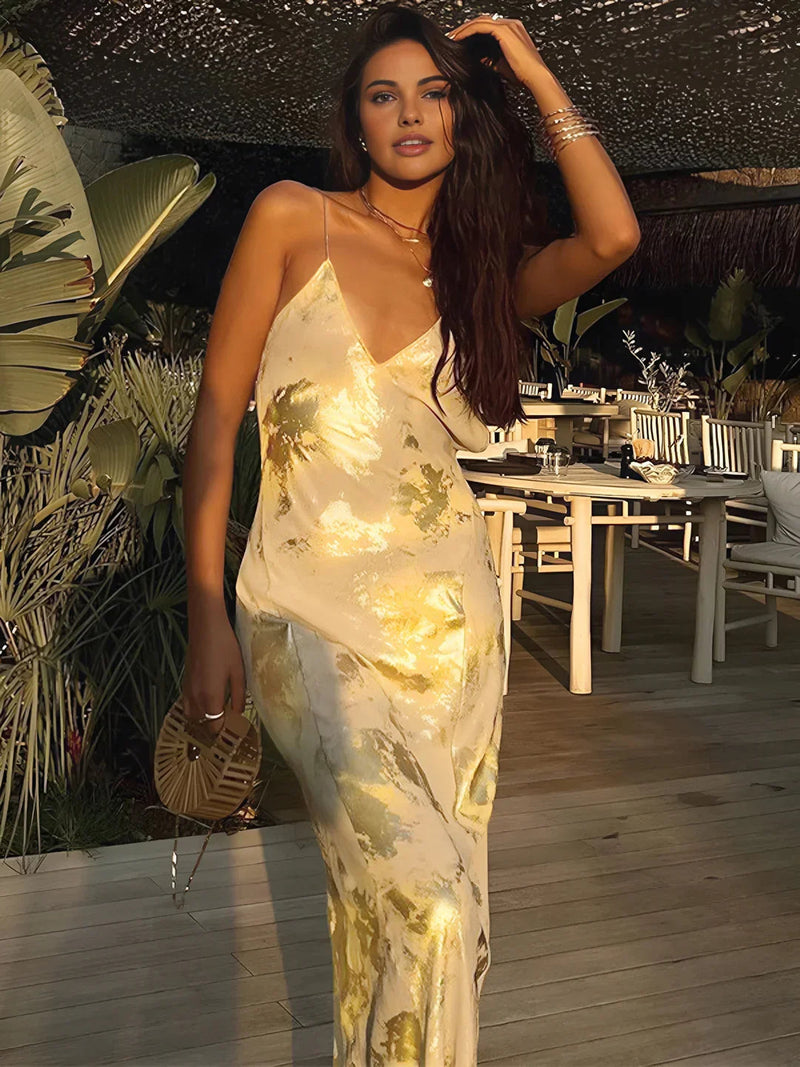 Metallic Print V-neck Backless Slip Long Dress