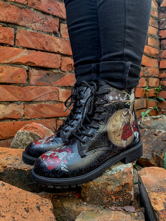 En Bloom | Fairy Tale Princess Lace-up Ankle Flat Combat Boots - Black