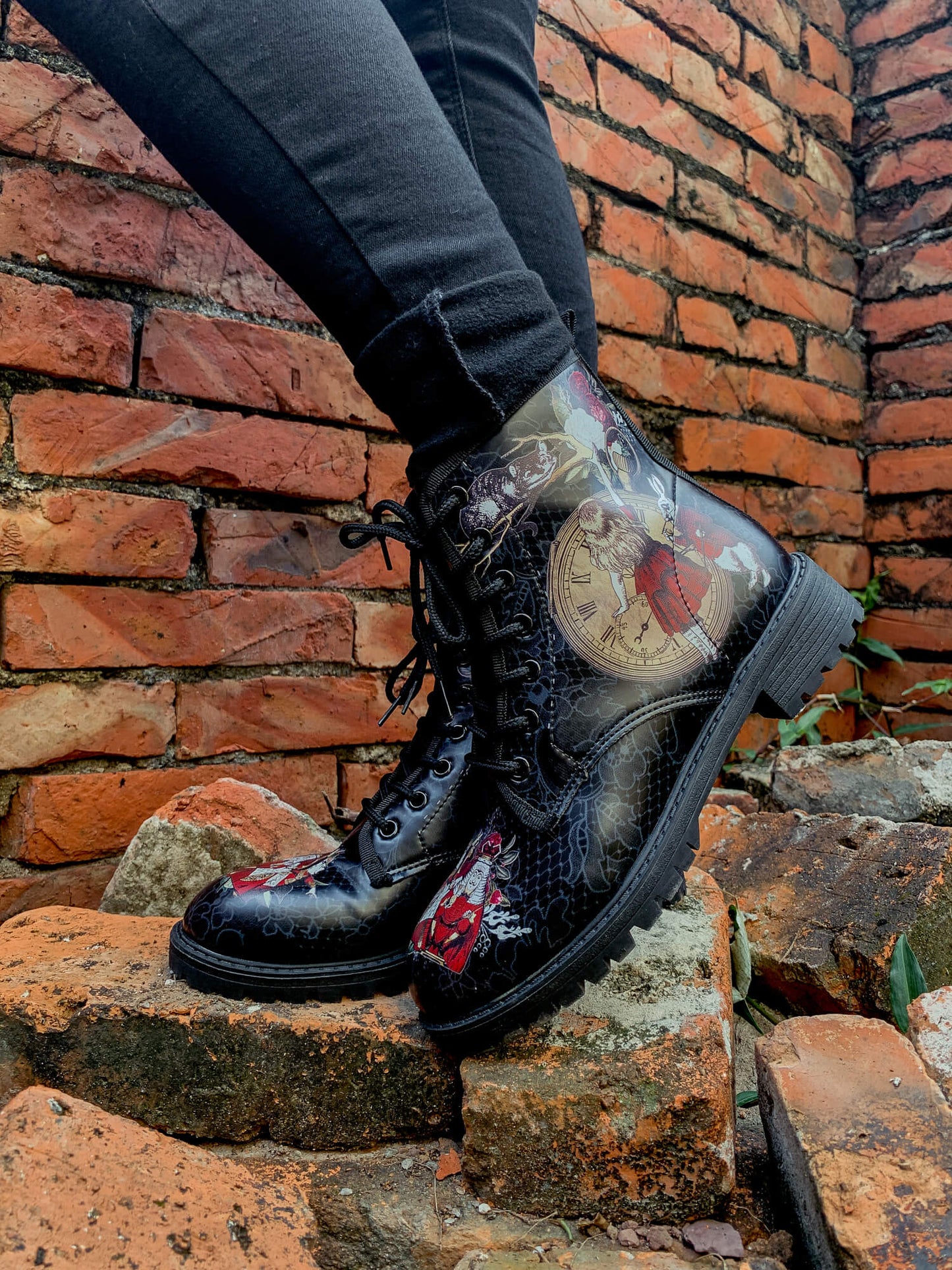 En Bloom | Fairy Tale Princess Lace-up Ankle Flat Combat Boots - Black