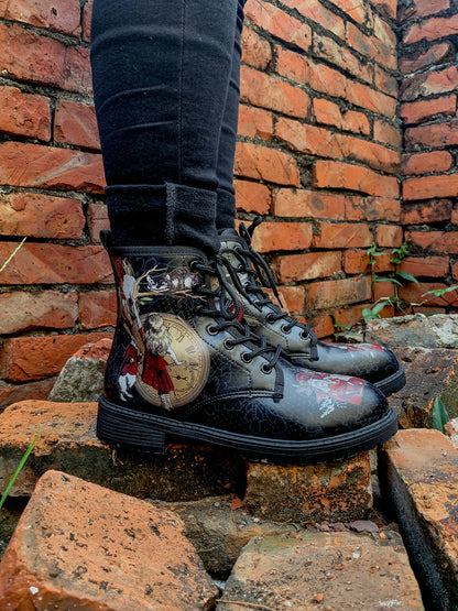 En Bloom | Fairy Tale Princess Lace-up Ankle Flat Combat Boots - Black
