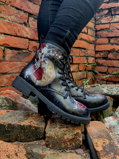 En Bloom | Fairy Tale Princess Lace-up Ankle Flat Combat Boots - Black