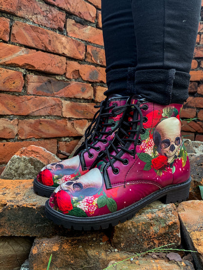 En Bloom | Skull-rose Red Ankle Flat Combat Boots