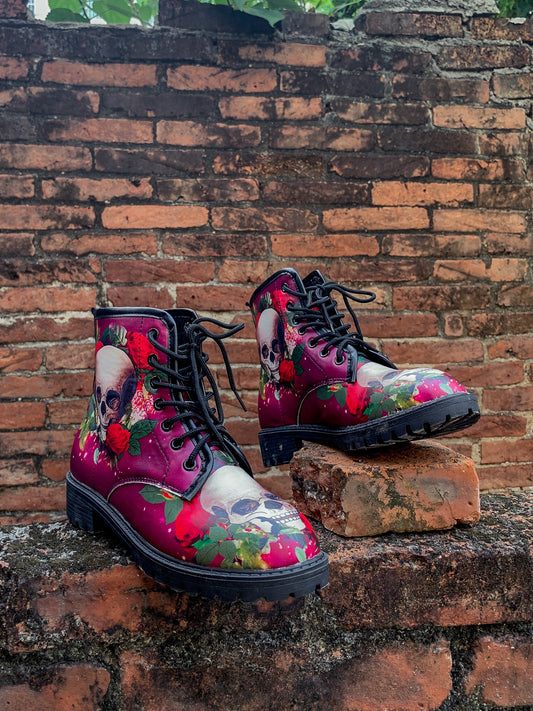 En Bloom | Skull-rose Red Ankle Flat Combat Boots