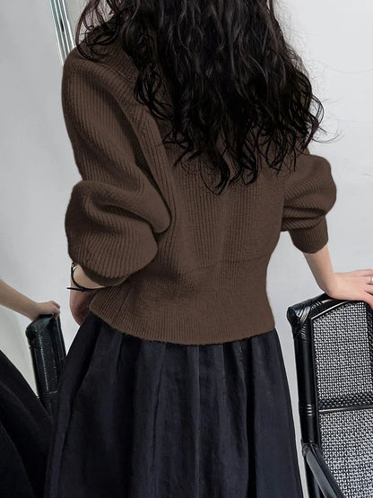 Single Breasted Patchwork V-neck Button Sweater
