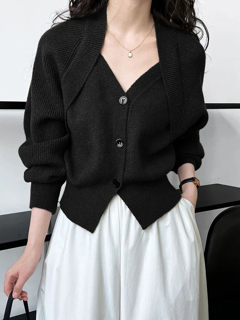 Single Breasted Patchwork V-neck Button Sweater