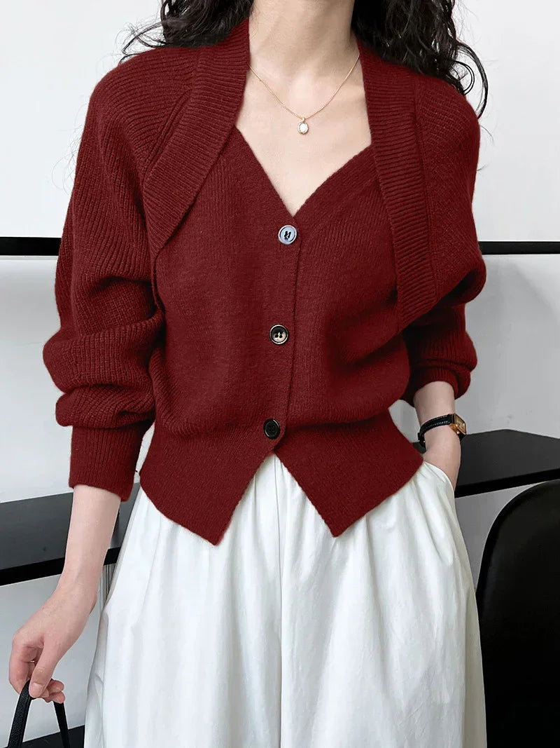 Single Breasted Patchwork V-neck Button Sweater