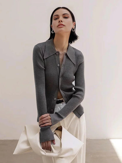 Oldmoney Style Ribbed Lapel Slim Cardigan