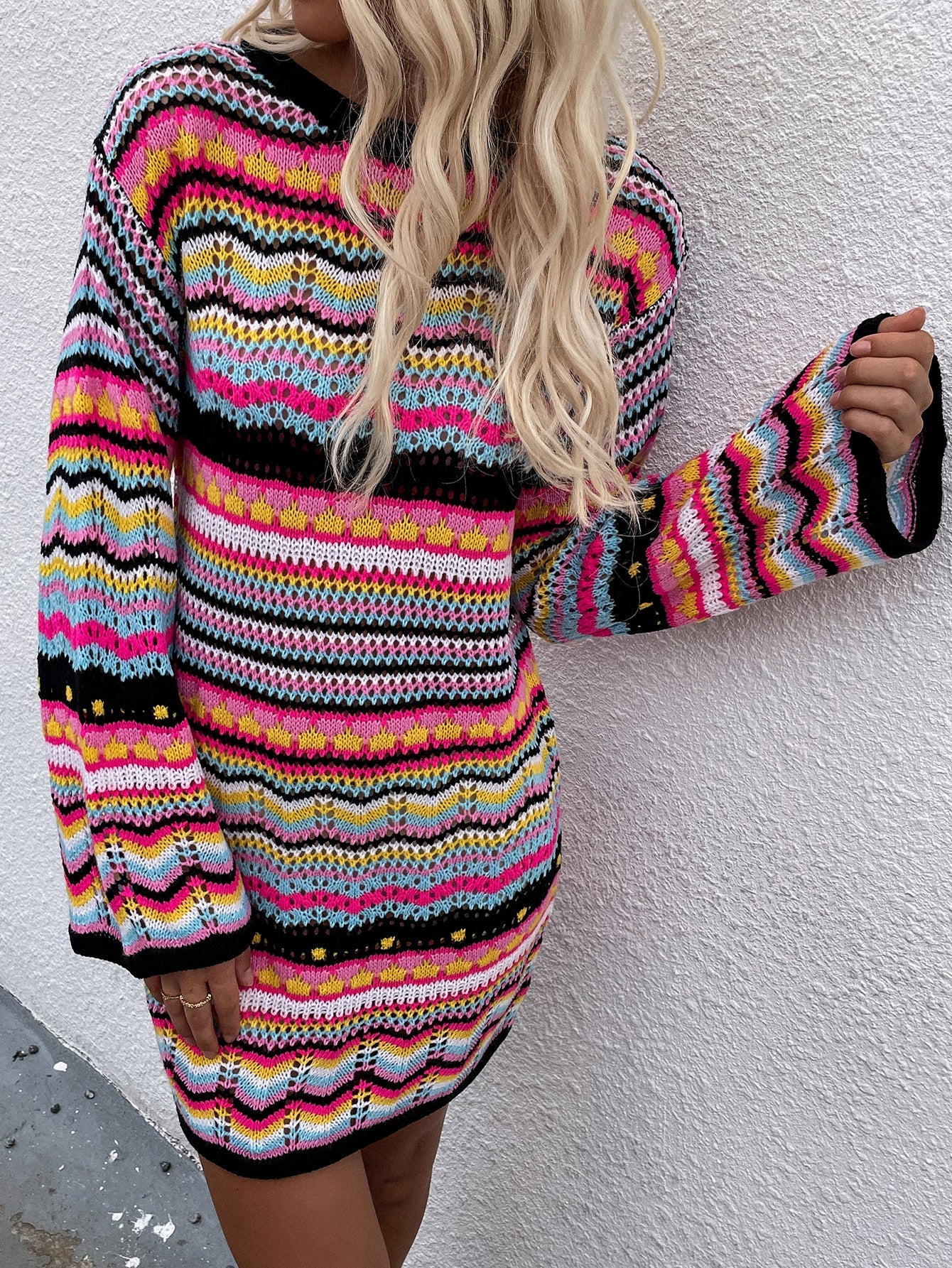 | Zig Zag Crochet Knit Dress - Black